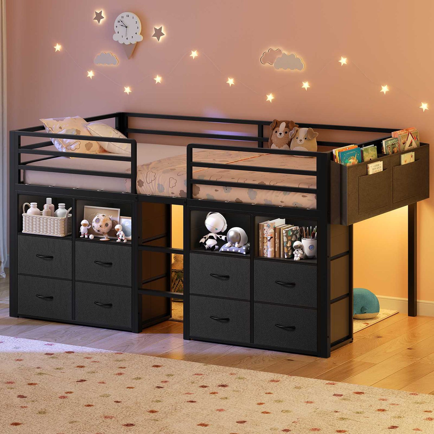 ADORNEVE Loft Bed Twin Size with 8 Storage Drawers and Bookcase Metal Kids Loft Bed with LED Lights and Safety Guardrail