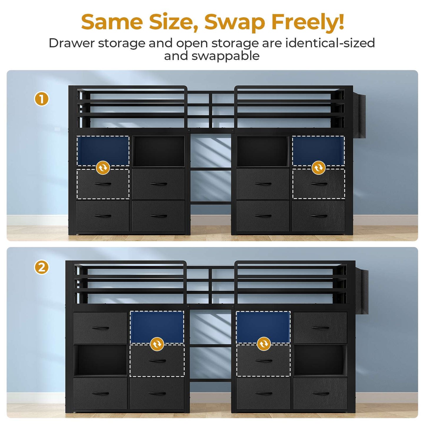 ADORNEVE Loft Bed Twin Size with 8 Storage Drawers and Bookcase Metal Kids Loft Bed with LED Lights and Safety Guardrail