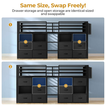 ADORNEVE Loft Bed Twin Size with 8 Storage Drawers and Bookcase Metal Kids Loft Bed with LED Lights and Safety Guardrail