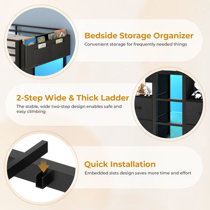 ADORNEVE Loft Bed Twin Size with 8 Storage Drawers and Bookcase Metal Kids Loft Bed with LED Lights and Safety Guardrail