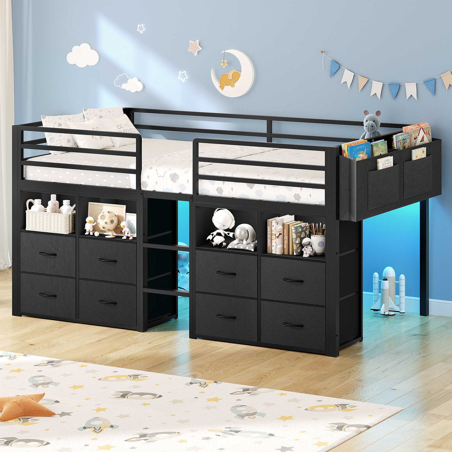 ADORNEVE Loft Bed Twin Size with 8 Storage Drawers and Bookcase Metal Kids Loft Bed with LED Lights and Safety Guardrail