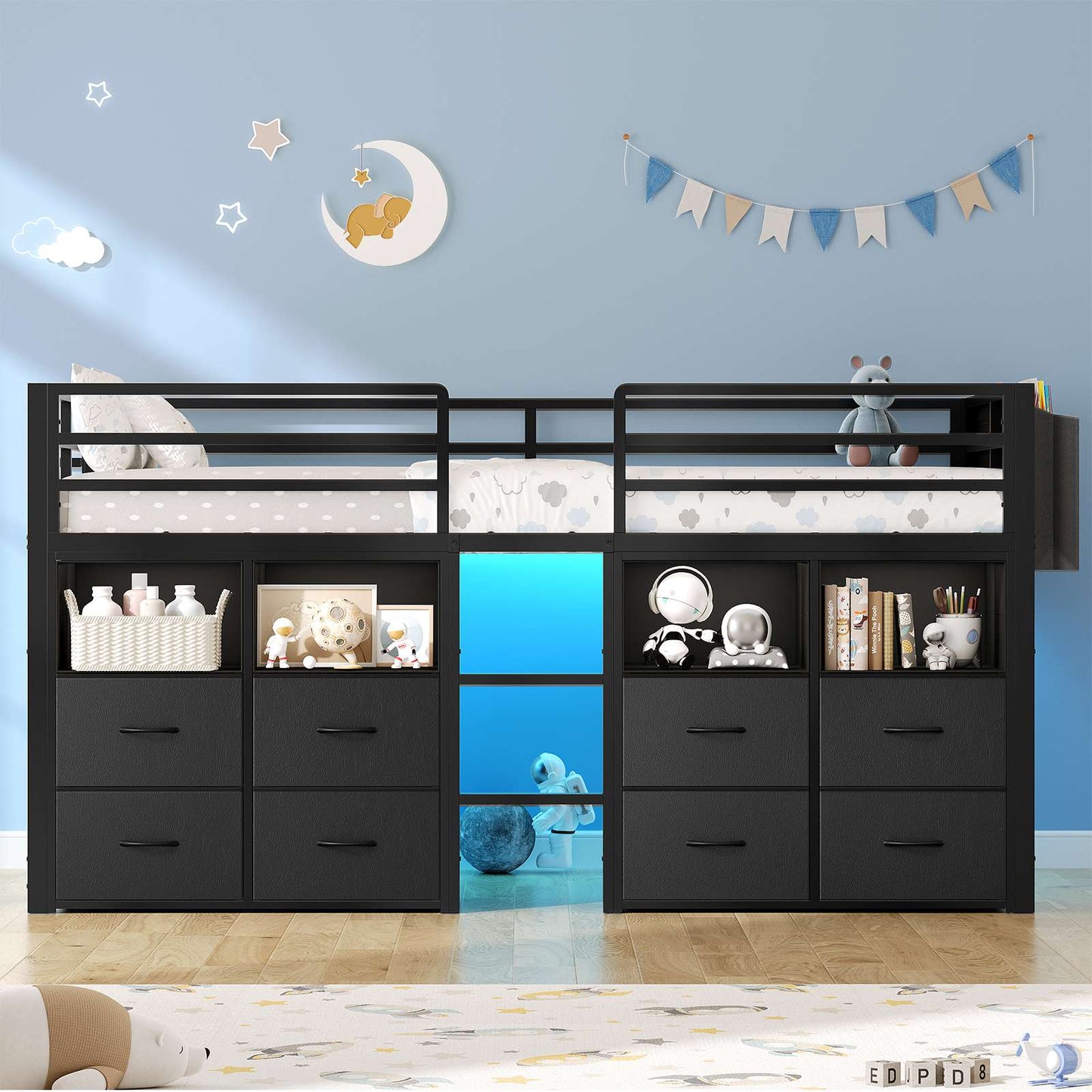 ADORNEVE Loft Bed Twin Size with 8 Storage Drawers and Bookcase Metal Kids Loft Bed with LED Lights and Safety Guardrail