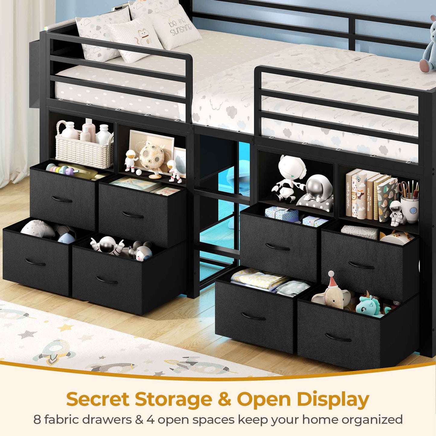 ADORNEVE Loft Bed Twin Size with 8 Storage Drawers and Bookcase Metal Kids Loft Bed with LED Lights and Safety Guardrail