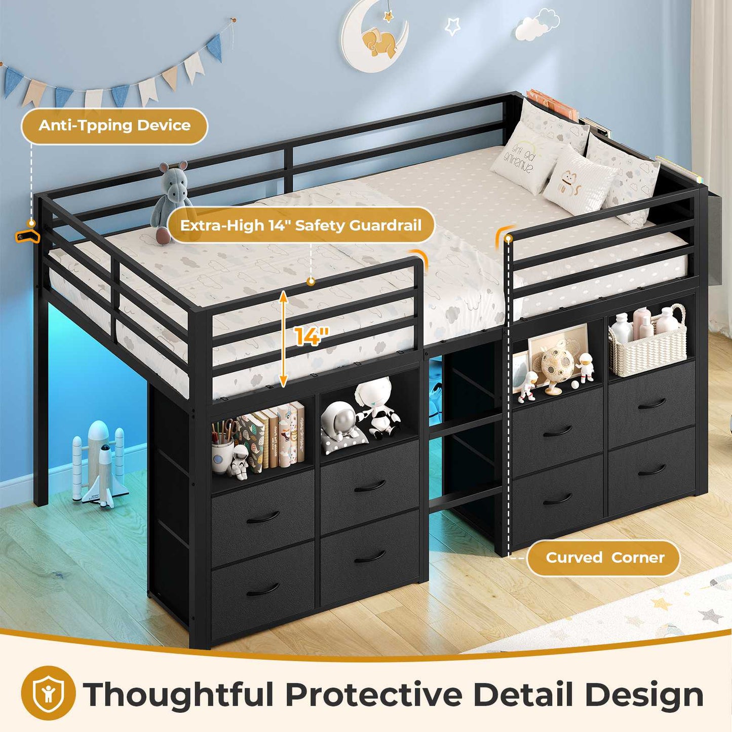 ADORNEVE Loft Bed Twin Size with 8 Storage Drawers and Bookcase Metal Kids Loft Bed with LED Lights and Safety Guardrail