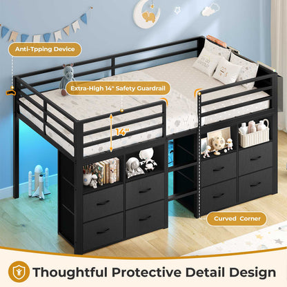 ADORNEVE Loft Bed Twin Size with 8 Storage Drawers and Bookcase Metal Kids Loft Bed with LED Lights and Safety Guardrail