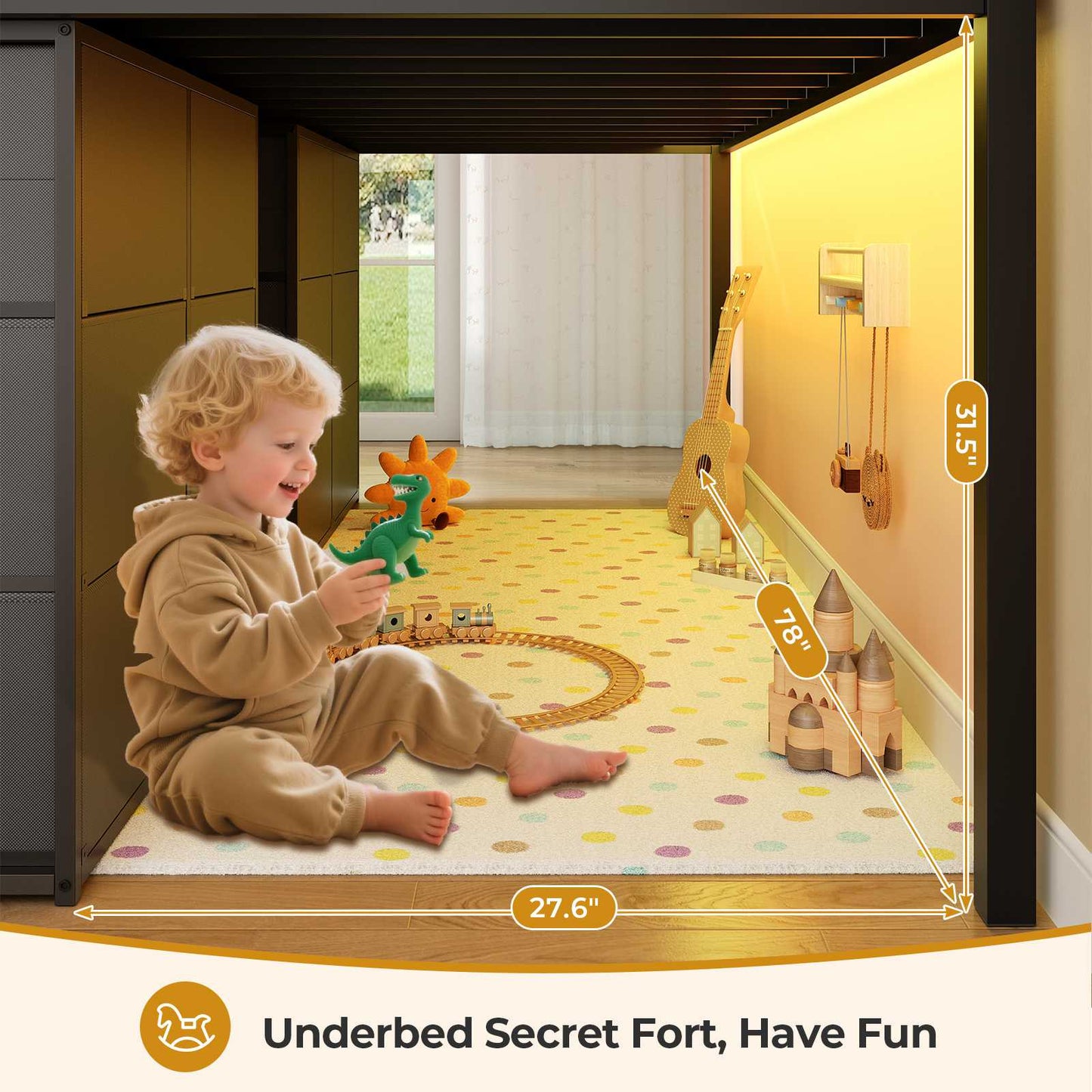 ADORNEVE Loft Bed Twin Size with 8 Storage Drawers and Bookcase Metal Kids Loft Bed with LED Lights and Safety Guardrail