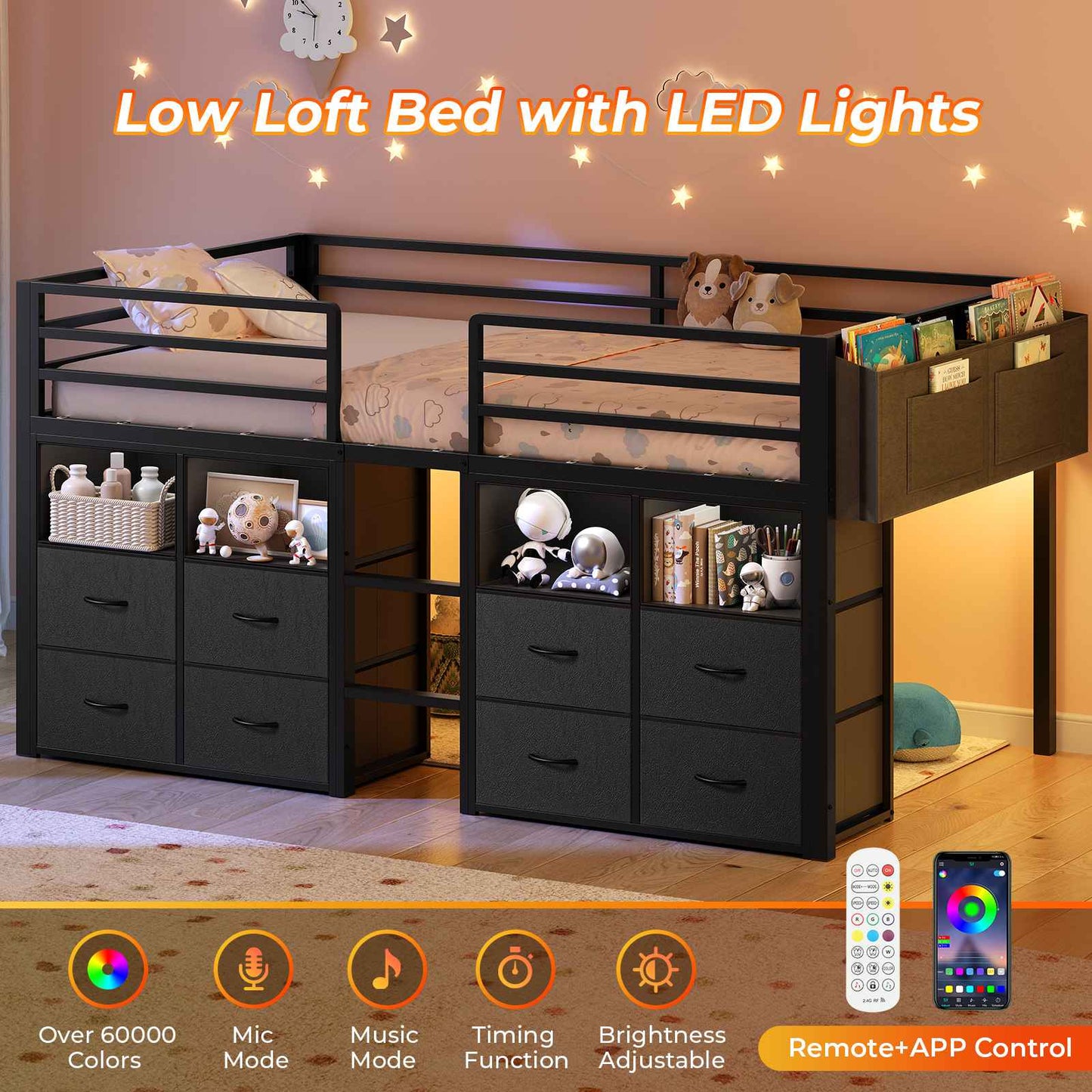 ADORNEVE Loft Bed Twin Size with 8 Storage Drawers and Bookcase Metal Kids Loft Bed with LED Lights and Safety Guardrail