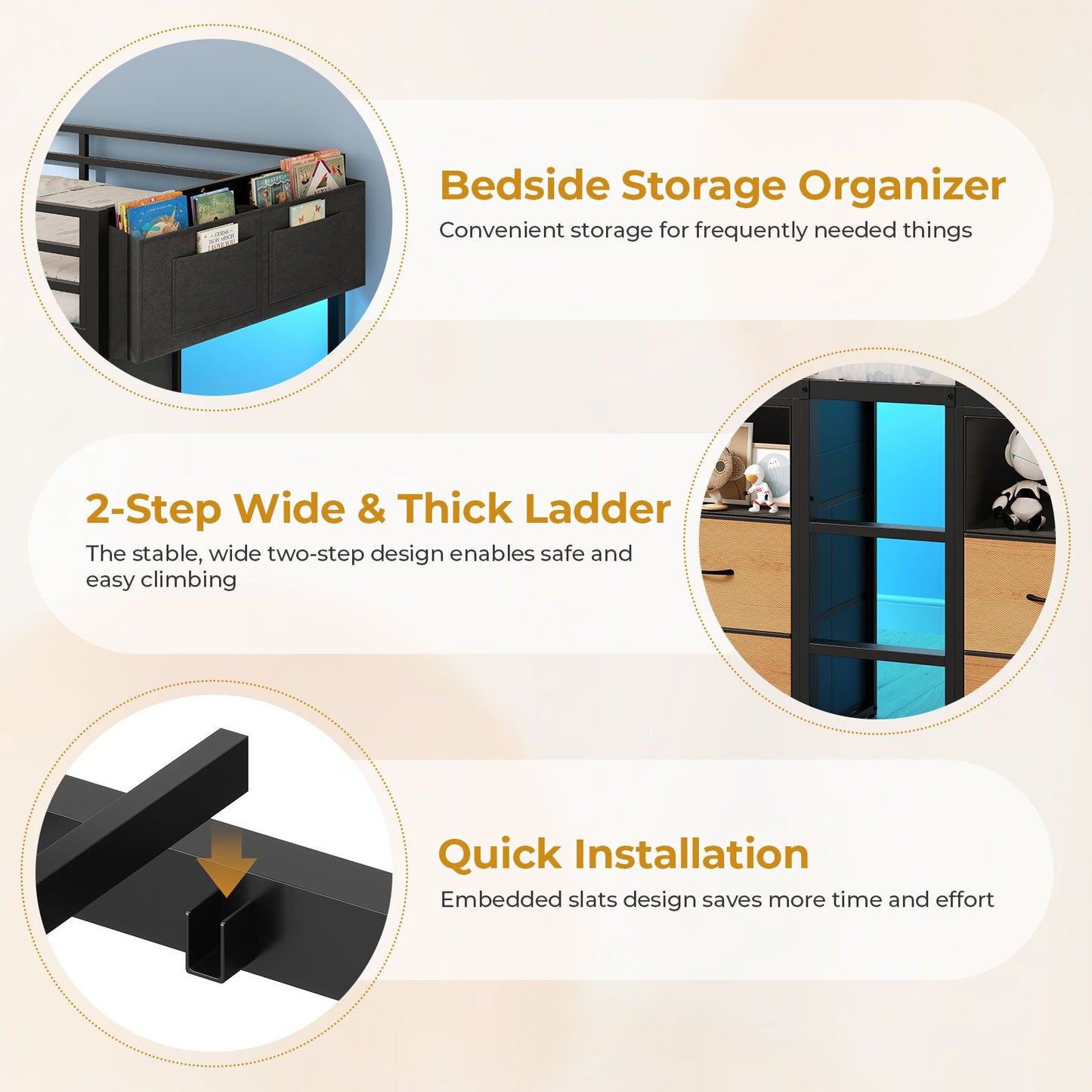 ADORNEVE Loft Bed Twin Size with 8 Storage Drawers and Bookcase Metal Kids Loft Bed with LED Lights and Safety Guardrail