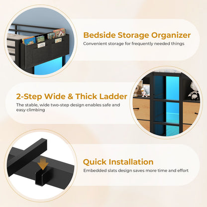 ADORNEVE Loft Bed Twin Size with 8 Storage Drawers and Bookcase Metal Kids Loft Bed with LED Lights and Safety Guardrail