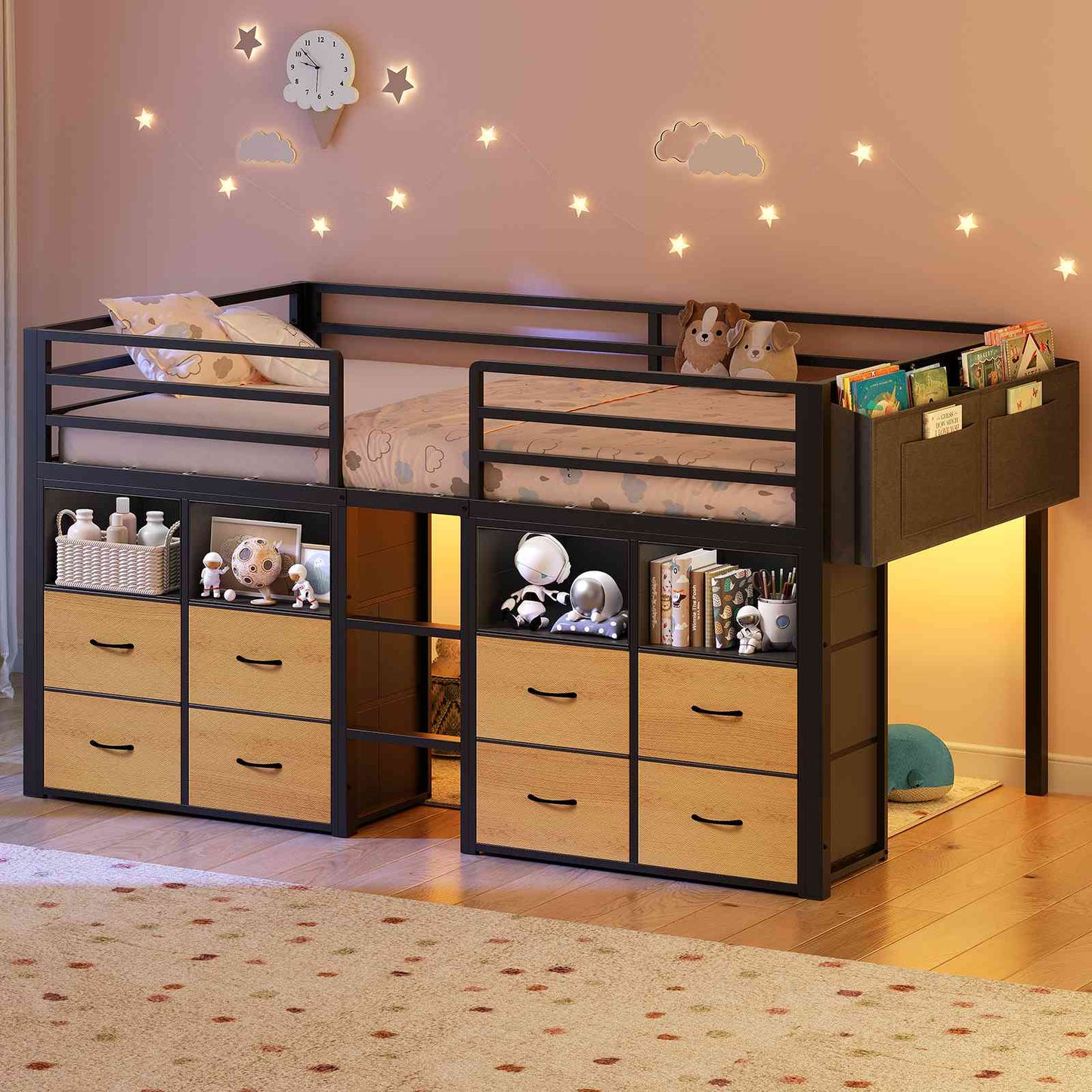 ADORNEVE Loft Bed Twin Size with 8 Storage Drawers and Bookcase Metal Kids Loft Bed with LED Lights and Safety Guardrail
