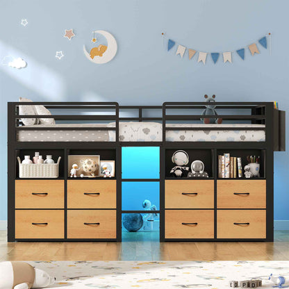 ADORNEVE Loft Bed Twin Size with 8 Storage Drawers and Bookcase Metal Kids Loft Bed with LED Lights and Safety Guardrail