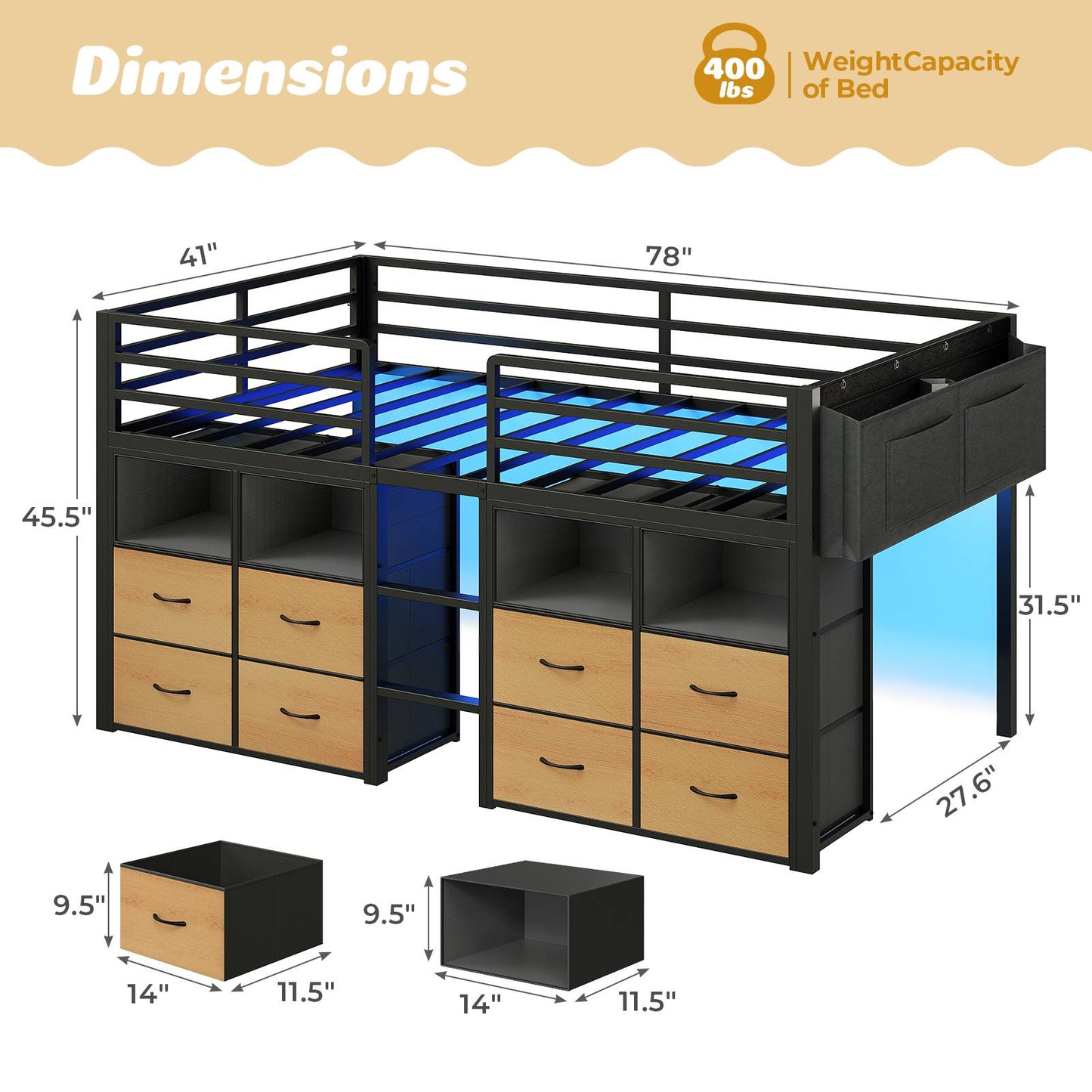 ADORNEVE Loft Bed Twin Size with 8 Storage Drawers and Bookcase Metal Kids Loft Bed with LED Lights and Safety Guardrail