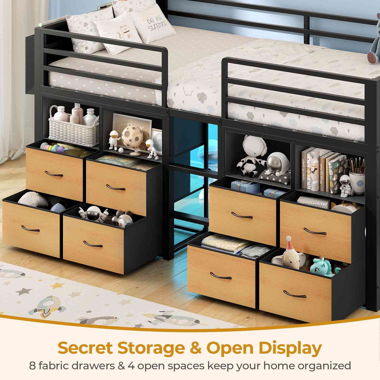 ADORNEVE Loft Bed Twin Size with 8 Storage Drawers and Bookcase Metal Kids Loft Bed with LED Lights and Safety Guardrail