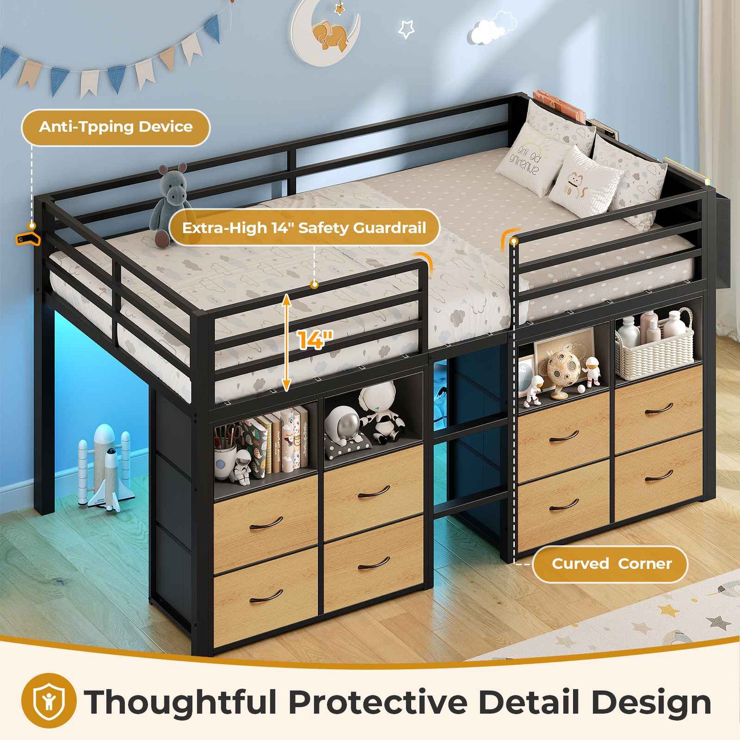 ADORNEVE Loft Bed Twin Size with 8 Storage Drawers and Bookcase Metal Kids Loft Bed with LED Lights and Safety Guardrail
