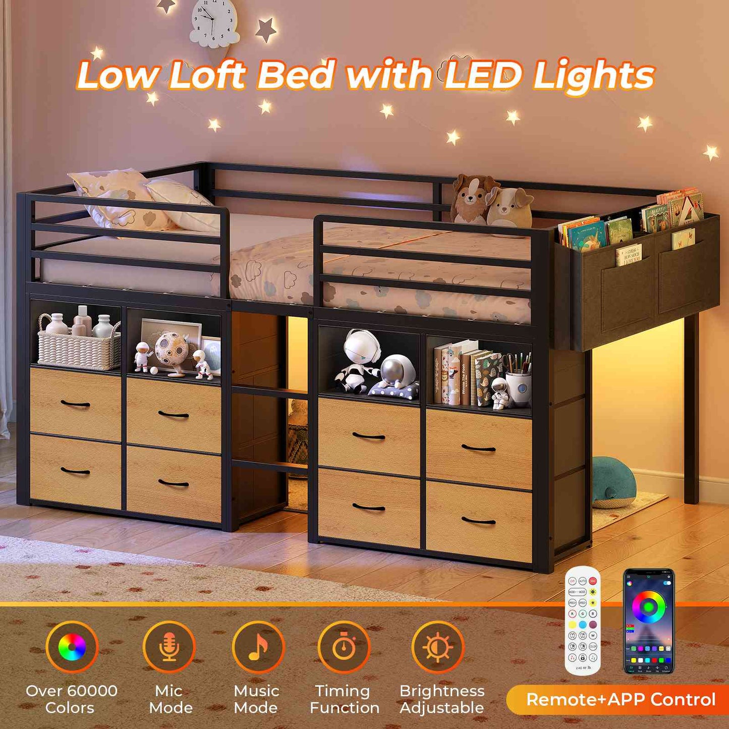 ADORNEVE Loft Bed Twin Size with 8 Storage Drawers and Bookcase Metal Kids Loft Bed with LED Lights and Safety Guardrail