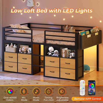 ADORNEVE Loft Bed Twin Size with 8 Storage Drawers and Bookcase Metal Kids Loft Bed with LED Lights and Safety Guardrail