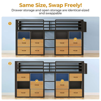 ADORNEVE Loft Bed Twin Size with 8 Storage Drawers and Bookcase Metal Kids Loft Bed with LED Lights and Safety Guardrail