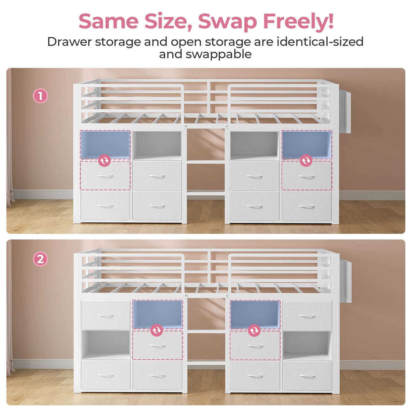 ADORNEVE Loft Bed Twin Size with 8 Storage Drawers and Bookcase Metal Kids Loft Bed with LED Lights and Safety Guardrail