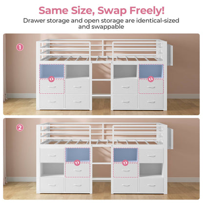 ADORNEVE Loft Bed Twin Size with 8 Storage Drawers and Bookcase Metal Kids Loft Bed with LED Lights and Safety Guardrail