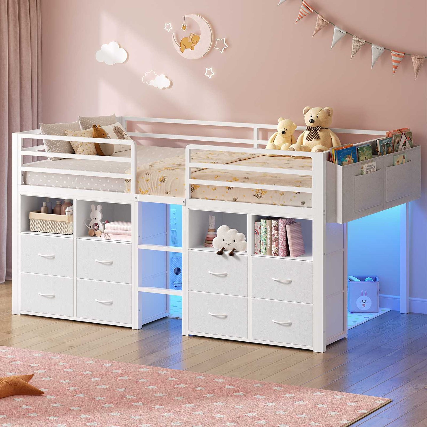 ADORNEVE Loft Bed Twin Size with 8 Storage Drawers and Bookcase Metal Kids Loft Bed with LED Lights and Safety Guardrail