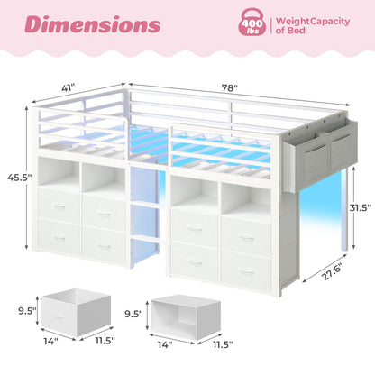 ADORNEVE Loft Bed Twin Size with 8 Storage Drawers and Bookcase Metal Kids Loft Bed with LED Lights and Safety Guardrail