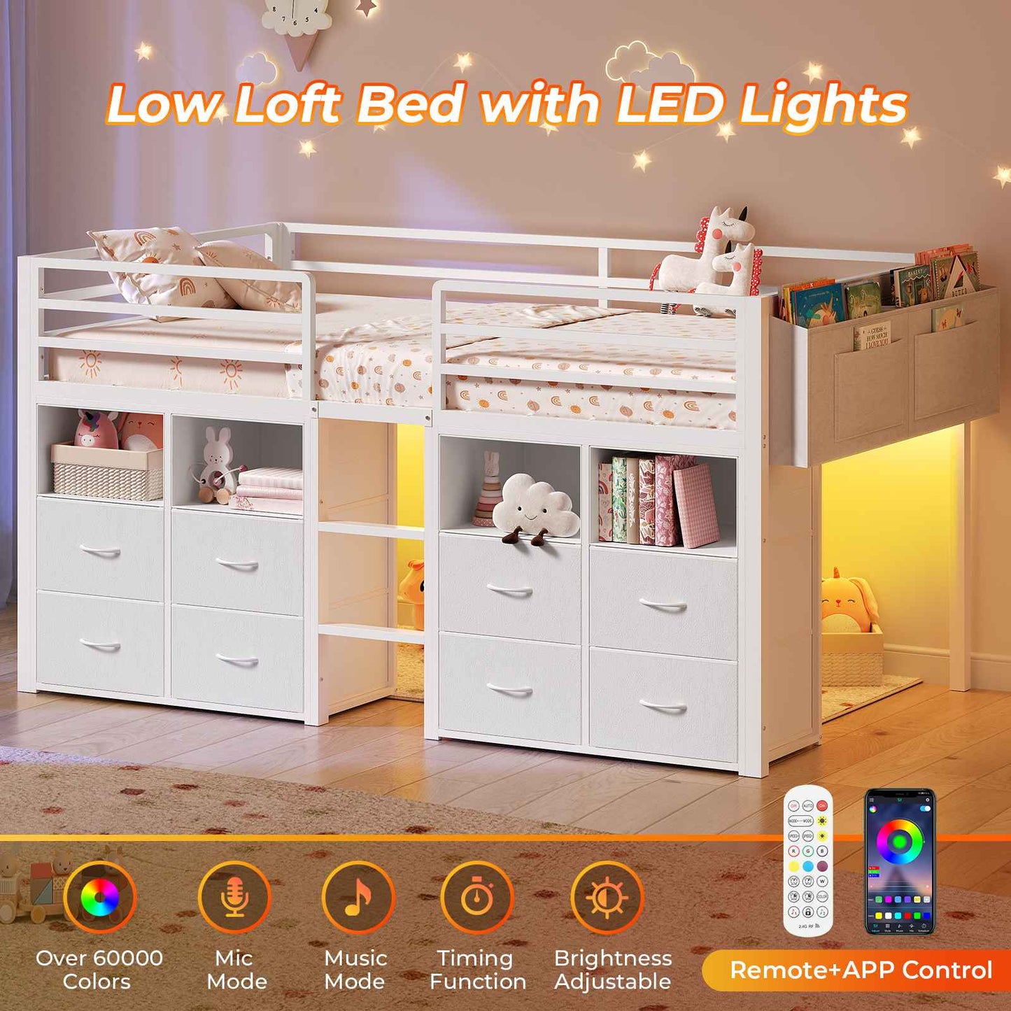 ADORNEVE Loft Bed Twin Size with 8 Storage Drawers and Bookcase Metal Kids Loft Bed with LED Lights and Safety Guardrail