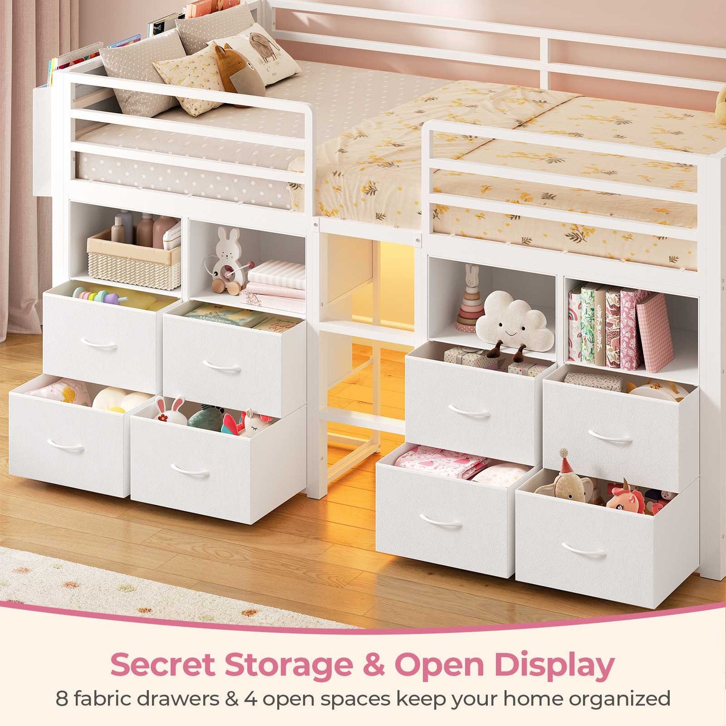 ADORNEVE Loft Bed Twin Size with 8 Storage Drawers and Bookcase Metal Kids Loft Bed with LED Lights and Safety Guardrail