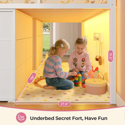 ADORNEVE Loft Bed Twin Size with 8 Storage Drawers and Bookcase Metal Kids Loft Bed with LED Lights and Safety Guardrail
