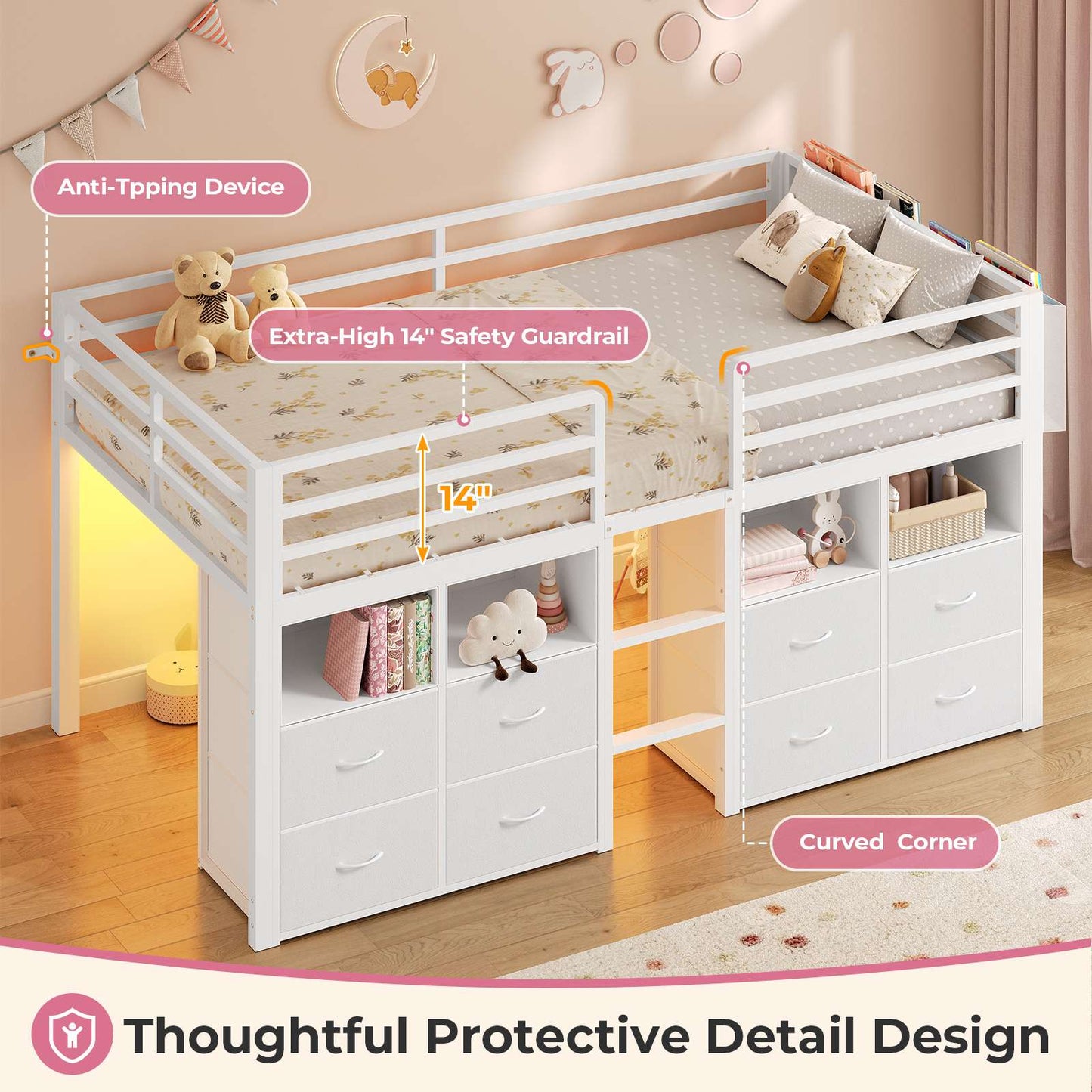 ADORNEVE Loft Bed Twin Size with 8 Storage Drawers and Bookcase Metal Kids Loft Bed with LED Lights and Safety Guardrail