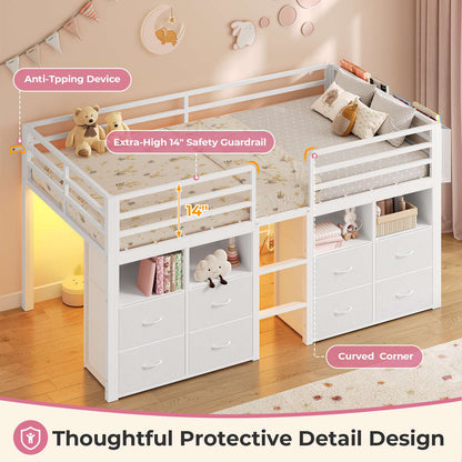 ADORNEVE Loft Bed Twin Size with 8 Storage Drawers and Bookcase Metal Kids Loft Bed with LED Lights and Safety Guardrail