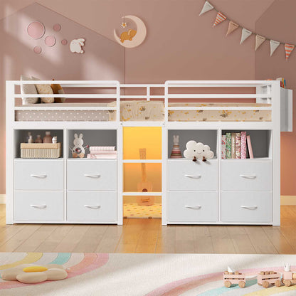 ADORNEVE Loft Bed Twin Size with 8 Storage Drawers and Bookcase Metal Kids Loft Bed with LED Lights and Safety Guardrail