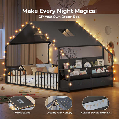 ADORNEVE House Shape Twin Size Floor Bed with Safety Guardrails  and Sling Bookshelves Montessori Floor Bed with Storage Drawers
