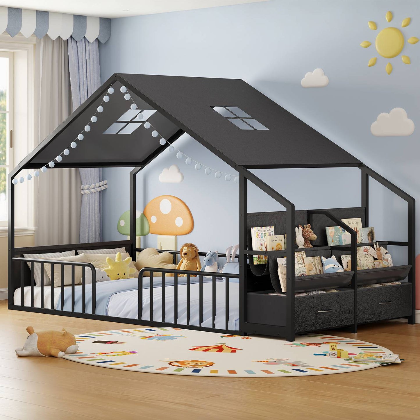 ADORNEVE House Shape Twin Size Floor Bed with Safety Guardrails  and Sling Bookshelves Montessori Floor Bed with Storage Drawers