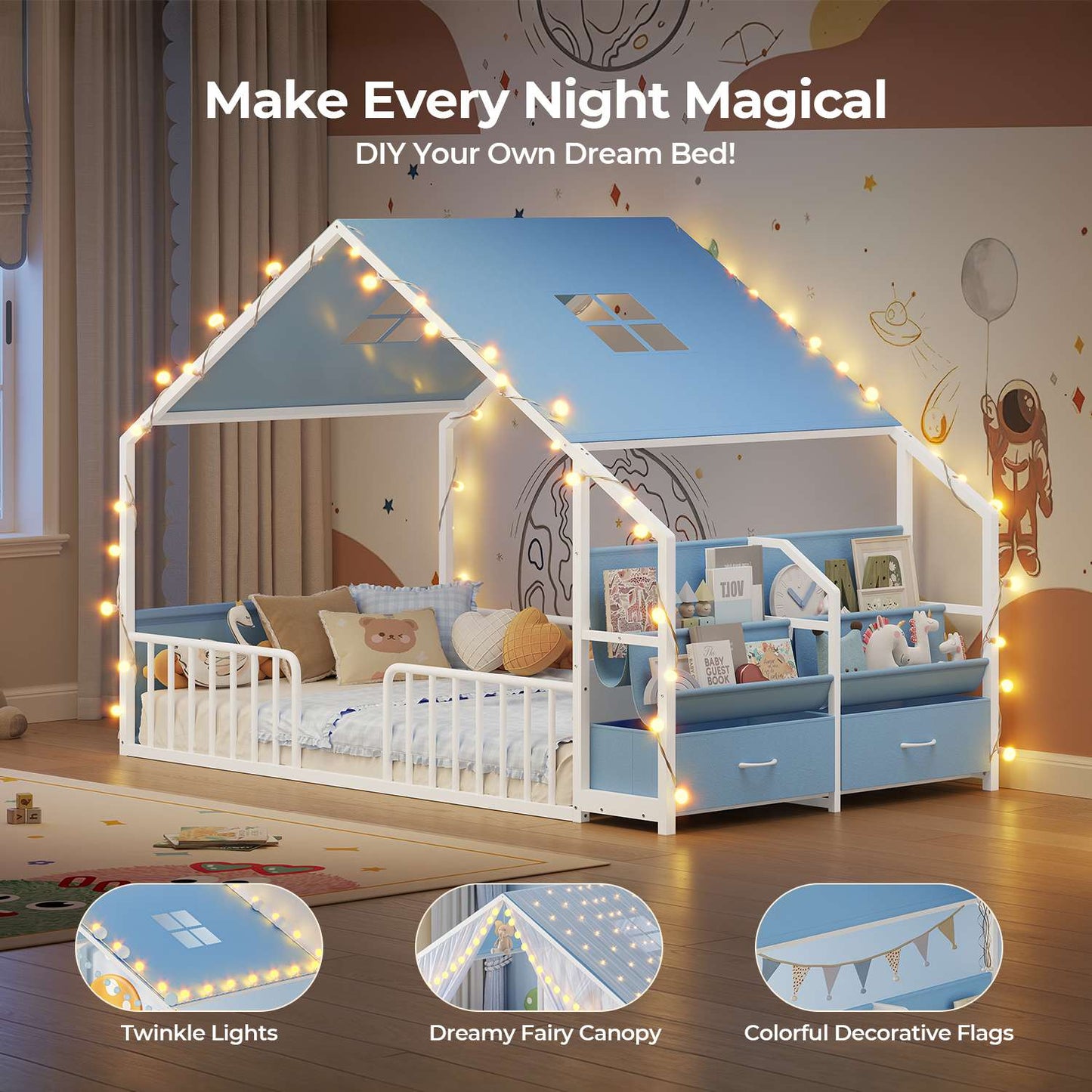 ADORNEVE House Shape Twin Size Floor Bed with Safety Guardrails  and Sling Bookshelves Montessori Floor Bed with Storage Drawers