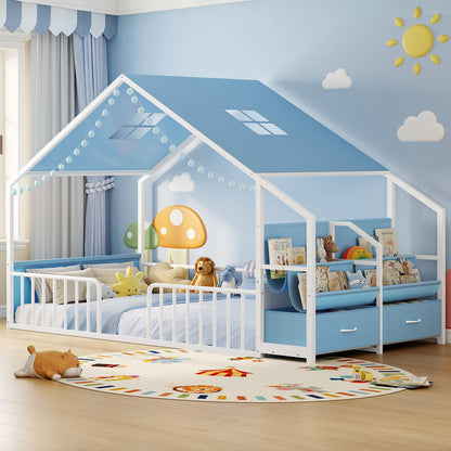 ADORNEVE House Shape Twin Size Floor Bed with Safety Guardrails  and Sling Bookshelves Montessori Floor Bed with Storage Drawers