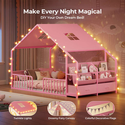 ADORNEVE House Shape Twin Size Floor Bed with Safety Guardrails  and Sling Bookshelves Montessori Floor Bed with Storage Drawers
