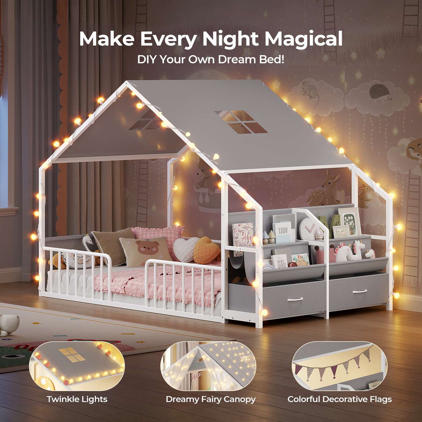 ADORNEVE House Shape Twin Size Floor Bed with Safety Guardrails  and Sling Bookshelves Montessori Floor Bed with Storage Drawers