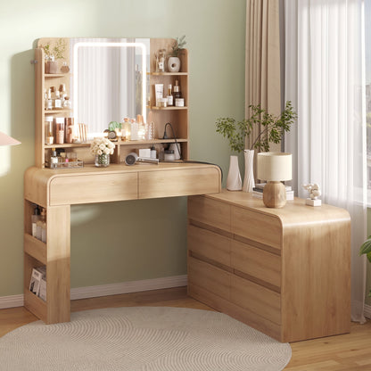 ADORNEVE Makeup Desk with 3-Color Dimmable LED Mirror Vanity Desk with 8 Drawers and Charging Station