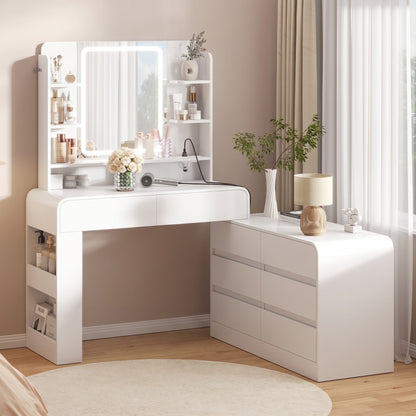 ADORNEVE Makeup Desk with 3-Color Dimmable LED Mirror Vanity Desk with 8 Drawers and Charging Station