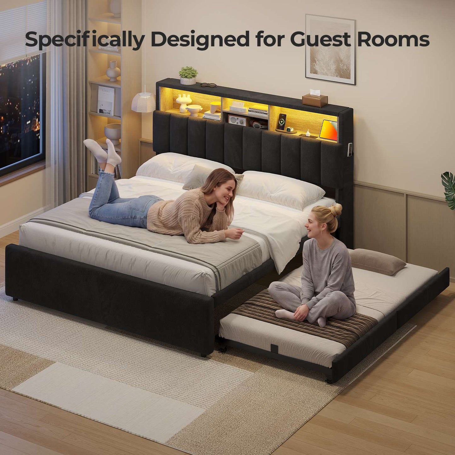 ADORNEVE Full Bed Frame with 6 Drawers and Trundle LED Velvet Platform Bed with Storage Headboard for Small Apartment Guest Room