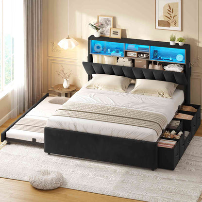 ADORNEVE Full Bed Frame with 6 Drawers and Trundle LED Velvet Platform Bed with Storage Headboard for Small Apartment Guest Room