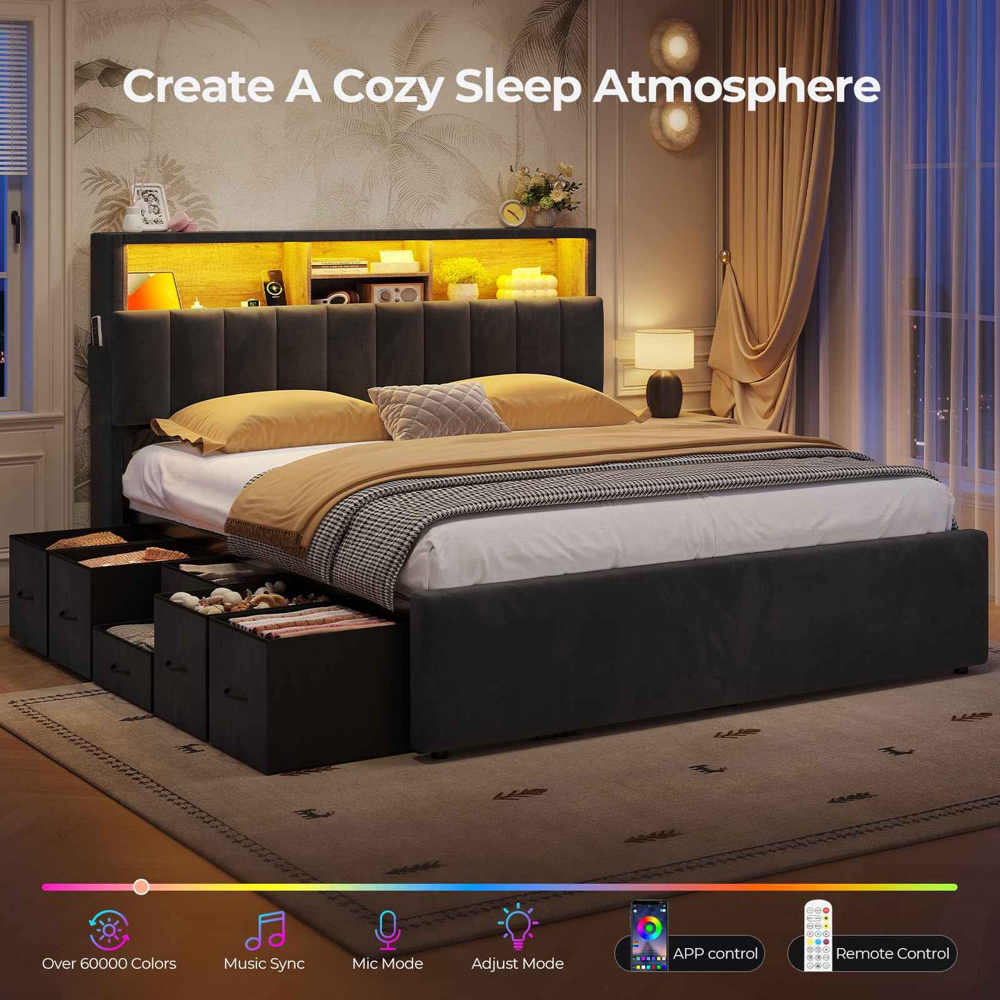 ADORNEVE Full Bed Frame with 6 Drawers and Trundle LED Velvet Platform Bed with Storage Headboard for Small Apartment Guest Room