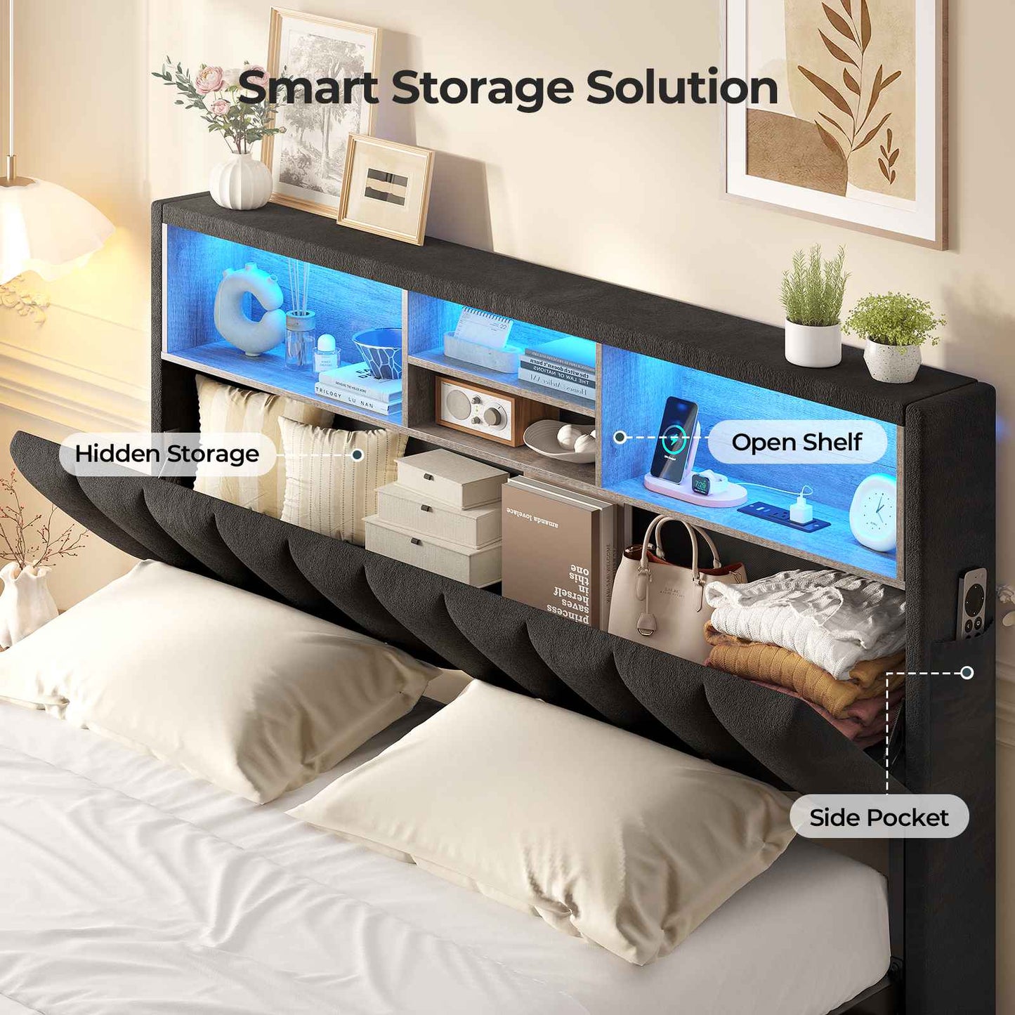ADORNEVE Full Bed Frame with 6 Drawers and Trundle LED Velvet Platform Bed with Storage Headboard for Small Apartment Guest Room
