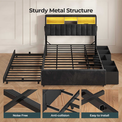 ADORNEVE Full Bed Frame with 6 Drawers and Trundle LED Velvet Platform Bed with Storage Headboard for Small Apartment Guest Room
