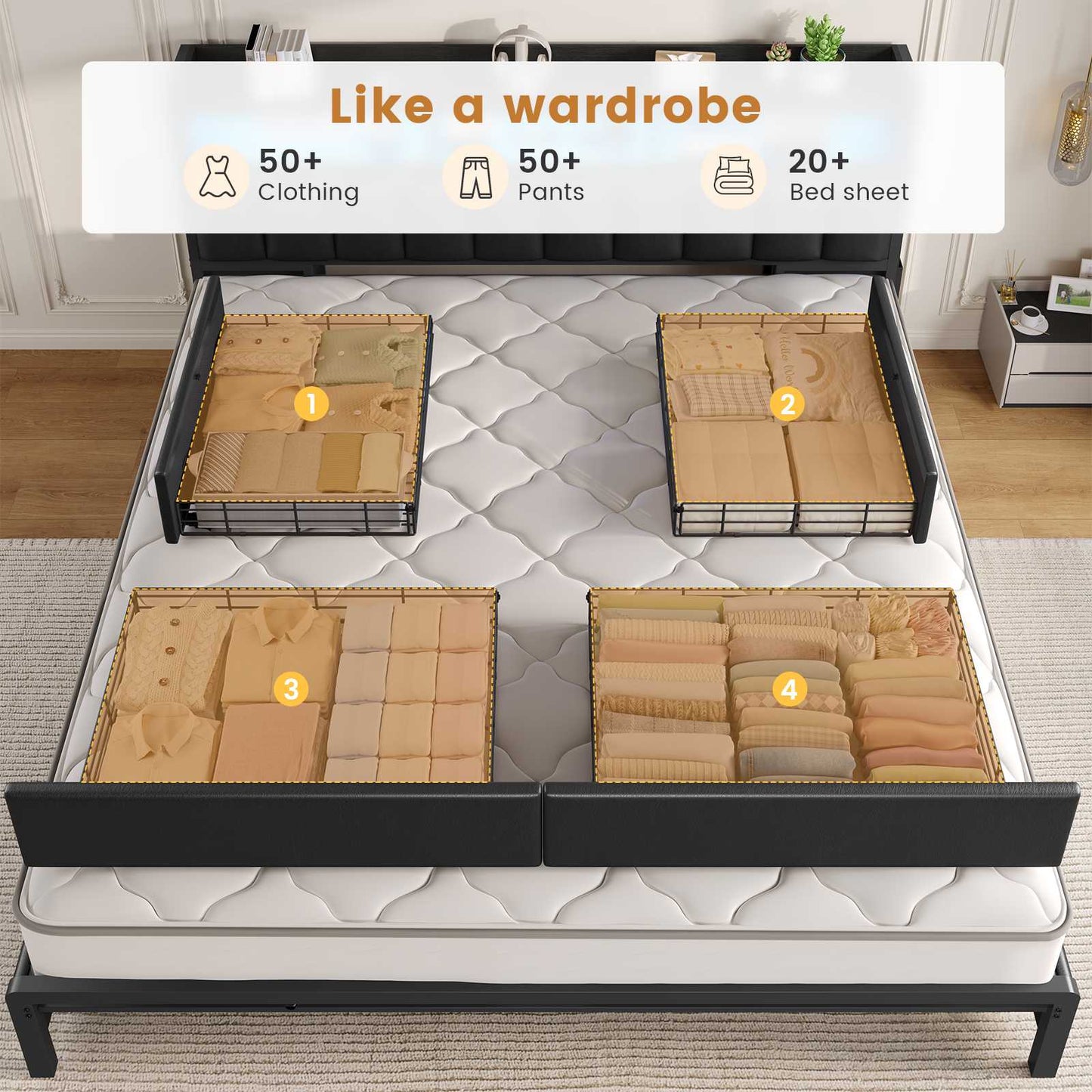 ADORNEVE Bed Frame with 10 Storage Drawers and RGB Bookcase Headboard PU Upholstered Cal King Bed with Charging Station and Heavy Duty Metal Slats
