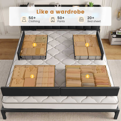 ADORNEVE Bed Frame with 10 Storage Drawers and RGB Bookcase Headboard PU Upholstered Cal King Bed with Charging Station and Heavy Duty Metal Slats