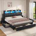 ADORNEVE Bed Frame with 10 Storage Drawers and RGB Bookcase Headboard PU Upholstered Cal King Bed with Charging Station and Heavy Duty Metal Slats