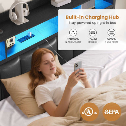ADORNEVE Bed Frame with 10 Storage Drawers and RGB Bookcase Headboard PU Upholstered Cal King Bed with Charging Station and Heavy Duty Metal Slats