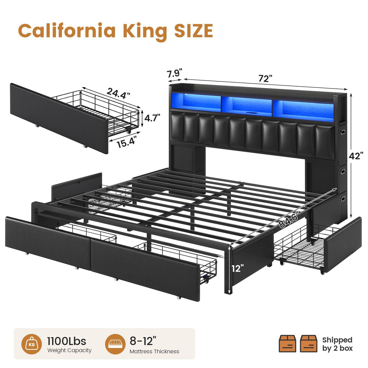 ADORNEVE Bed Frame with 10 Storage Drawers and RGB Bookcase Headboard PU Upholstered Cal King Bed with Charging Station and Heavy Duty Metal Slats