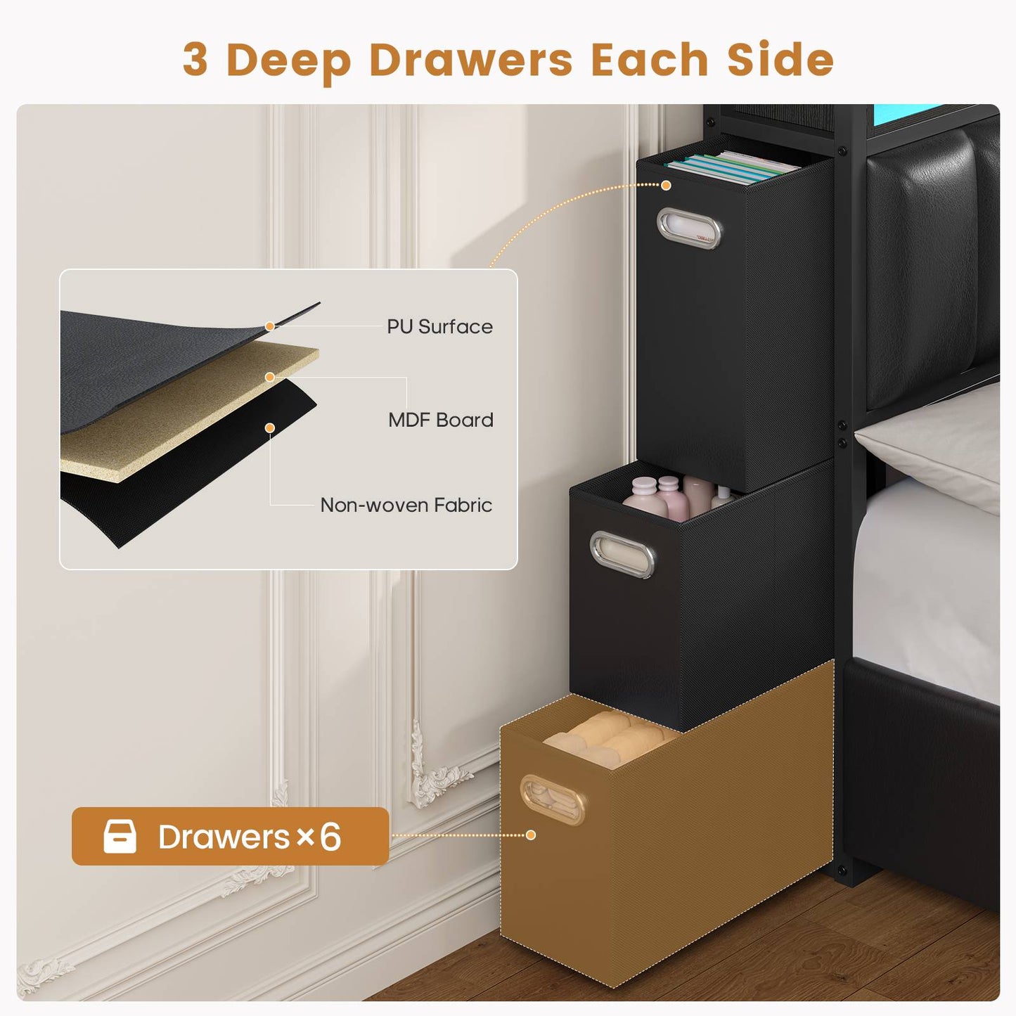 ADORNEVE Bed Frame with 10 Storage Drawers and RGB Bookcase Headboard PU Upholstered Cal King Bed with Charging Station and Heavy Duty Metal Slats